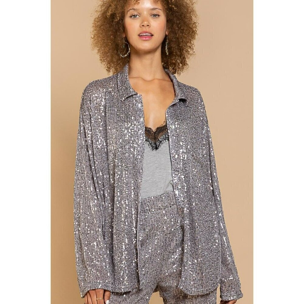Life's a Party Sequin Button-Up Shirt in Grey - Picture 10 of 12